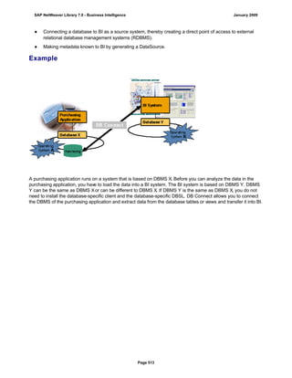 ● Connecting a database to BI as a source system, thereby creating a direct point of access to external
relational database management systems (RDBMS).
● Making metadata known to BI by generating a DataSource.
Example
A purchasing application runs on a system that is based on DBMS X. Before you can analyze the data in the
purchasing application, you have to load the data into a BI system. The BI system is based on DBMS Y. DBMS
Y can be the same as DBMS Xor can be different to DBMS X. If DBMS Y is the same as DBMS X, you do not
need to install the database-specific client and the database-specific DBSL. DB Connect allows you to connect
the DBMS of the purchasing application and extract data from the database tables or views and transfer it into BI.
SAP NetWeaver Library 7.0 - Business Intelligence January 2009
Page 513
 