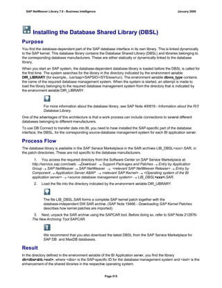 Installing the Database Shared Library (DBSL)
Purpose
You find the database-dependent part of the SAP database interface in its own library. This is linked dynamically
to the SAP kernel. This database library contains the Database Shared Library (DBSL) and libraries belonging to
the corresponding database manufacturers. These are either statically or dynamically linked to the database
library.
When you start an SAP system, the database-dependent database library is loaded before the DBSL is called for
the first time. The system searches for the library in the directory indicated by the environment variable
DIR_LIBRARY (for example,. /usr/sap/<SAPSID>/SYS/exe/run). The environment variable dbms_type contains
the name of the required database management system. When the system is started, an attempt is made to
load the library belonging to the required database management system from the directory that is indicated by
the environment variable DIR_LIBRARY.
For more information about the database library, see SAP Note 400818 - Information about the R/3
Database Library.
One of the advantages of this architecture is that a work process can include connections to several different
databases belonging to different manufacturers.
To use DB Connect to transfer data into BI, you need to have installed the SAP-specific part of the database
interface, the DBSL, for the corresponding source-database management system for each BI application server.
Process Flow
The database library is available in the SAP Service Marketplace in the SAR archives LIB_DBSL<xxx>.SAR, in
the patch directories. These are not specific to the database manufacturers.
. . .
1. You access the required directory from the Software Center on SAP Service Marketplace at:
http://service.sap.com/swdc Download  Support Packages and Patches  Entry by Application
Group  SAP NetWeaver  SAP NetWeaver  <relevant SAP NetWeaver Release>  Entry by
Component  Application Server ABAP  <relevant SAP Kernel>  <Operating system of the BI
application server>  <source database management system>  LIB_DBSL<xxx>.SAR.
2. Load the file into the directory indicated by the environment variable DIR_LIBRARY.
The file LIB_DBSL.SAR forms a complete SAP kernel patch together with the
database-independent DW.SAR archive. (SAP Note 19466 - Downloading SAP Kernel Patches
describes how kernel patches are imported).
3. Next, unpack the SAR archive using the SAPCAR tool. Before doing so, refer to SAP Note 212876-
The NewArchiving Tool SAPCAR
We recommend that you also download the latest DBSL from the SAP Service Marketplace for
SAP DB and MaxDB databases.
Result
In the directory defined in the environment variable of the BI Application server, you find the library
db<dbs>slib.<ext>, where <dbs> is the SAP-specific ID for the database management system and <ext> is the
enhancement of the shared libraries in the respective operating system.
SAP NetWeaver Library 7.0 - Business Intelligence January 2009
Page 515
 