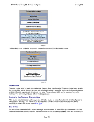The following figure shows the structure of the transformation program with expert routine:
Start Routine
The start routine is run for each data package at the start of the transformation. The start routine has a table in
the format of the source structure as input and output parameters. It is used to perform preliminary calculations
and store these in a global data structure or in a table. This structure or table can be accessed from other
routines. You can modify or delete data in the data package.
Routine for Key Figures or Characteristics
This routine is available as a rule type; you can define the routine as a transformation rule for a key figure or a
characteristic. The input and output values depend on the selected field in the transformation rule. More
information: the Routine section under Rule Type.
End Routine
An end routine is a routine with a table in the target structure format as input and output parameters. You can
use an end routine to postprocess data after transformation on a package-by-package basis. For example, you
SAP NetWeaver Library 7.0 - Business Intelligence January 2009
Page 571
 