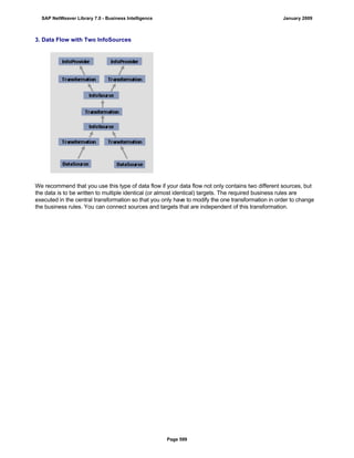 3. Data Flow with Two InfoSources
We recommend that you use this type of data flow if your data flow not only contains two different sources, but
the data is to be written to multiple identical (or almost identical) targets. The required business rules are
executed in the central transformation so that you only have to modify the one transformation in order to change
the business rules. You can connect sources and targets that are independent of this transformation.
SAP NetWeaver Library 7.0 - Business Intelligence January 2009
Page 599
 