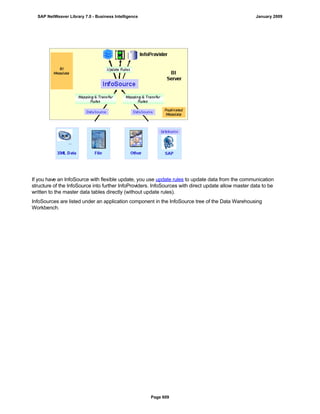 If you have an InfoSource with flexible update, you use update rules to update data from the communication
structure of the InfoSource into further InfoProviders. InfoSources with direct update allow master data to be
written to the master data tables directly (without update rules).
InfoSources are listed under an application component in the InfoSource tree of the Data Warehousing
Workbench.
SAP NetWeaver Library 7.0 - Business Intelligence January 2009
Page 609
 