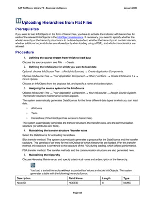Uploading Hierarchies from Flat Files
Prerequisites
If you want to load InfoObjects in the form of hierarchies, you have to activate the indicator with hierarchies for
each of the relevant 