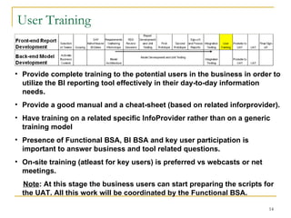 User Training Provide complete training to the potential users in the business in order to utilize the BI reporting tool effectively in their day-to-day information needs. Provide a good manual and a cheat-sheet (based on related inforprovider). Have training on a related specific InfoProvider rather than on a generic training model Presence of Functional BSA, BI BSA and key user participation is important to answer business and tool related questions. On-site training (atleast for key users) is preferred vs webcasts or net meetings.  Note : At this stage the business users can start preparing the scripts for the UAT. All this work will be coordinated by the Functional BSA. 