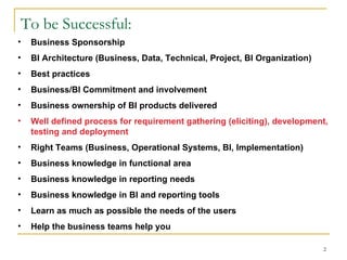 To be Successful: Business Sponsorship BI Architecture (Business, Data, Technical, Project, BI Organization) Best practices  Business/BI Commitment and involvement  Business ownership of BI products delivered Well defined process for requirement gathering (eliciting), development, testing and deployment   Right Teams (Business, Operational Systems, BI, Implementation) Business knowledge in functional area Business knowledge in reporting needs Business knowledge in BI and reporting tools Learn as much as possible the needs of the users Help the business teams help you  