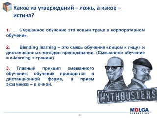 -3-
Какое из утверждений – ложь, а какое –
истина?
1. Смешанное обучение это новый тренд в корпоративном
обучении.
2. Blending learning – это смесь обучения «лицом к лицу» и
дистанционных методов преподавания. (Смешанное обучение
= e-learning + тренинг)
3. Главный принцип смешанного
обучения: обучение проводится в
дистанционной форме, а прием
экзаменов – в очной.
 
