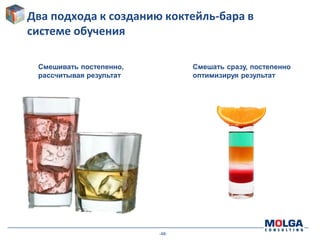 -48-
Два подхода к созданию коктейль-бара в
системе обучения
Смешивать постепенно,
рассчитывая результат
Смешать сразу, постепенно
оптимизируя результат
 