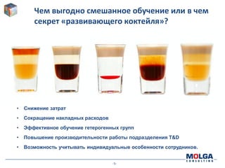 -5-
Чем выгодно смешанное обучение или в чем
секрет «развивающего коктейля»?
• Снижение затрат
• Сокращение накладных расходов
• Эффективное обучение гетерогенных групп
• Повышение производительности работы подразделения T&D
• Возможность учитывать индивидуальные особенности сотрудников.
 