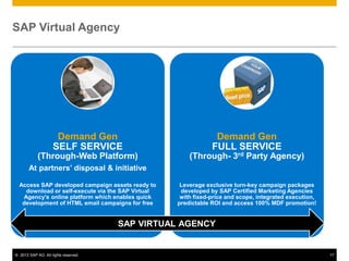 SAP Virtual Agency




                     Demand Gen                                 Demand Gen
                    SELF SERVICE                               FULL SERVICE
            (Through-Web Platform)                     (Through- 3rd Party Agency)
       At partners’ disposal & initiative

  Access SAP developed campaign assets ready to     Leverage exclusive turn-key campaign packages
    download or self-execute via the SAP Virtual    developed by SAP Certified Marketing Agencies
   Agency’s online platform which enables quick     with fixed-price and scope, integrated execution,
   development of HTML email campaigns for free    predictable ROI and access 100% MDF promotion!


                                      SAP VIRTUAL AGENCY


© 2013 SAP AG. All rights reserved.                                                                     17
 