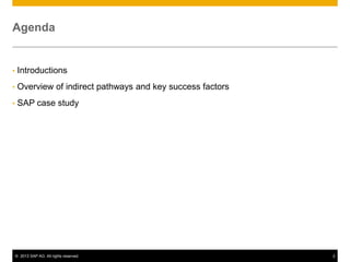 Agenda


•    Introductions
•    Overview of indirect pathways and key success factors
•    SAP case study




    © 2013 SAP AG. All rights reserved.                      2
 