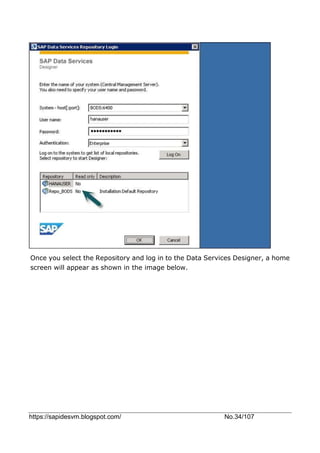 https://sapidesvm.blogspot.com/ No.34/107
Once you select the Repository and log in to the Data Services Designer, a home
screen will appear as shown in the image below.
 