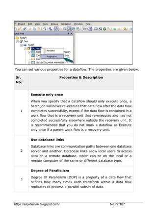 https://sapidesvm.blogspot.com/ No.72/107
You can set various properties for a dataflow. The properties are given below.
Sr.
No.
Properties & Description
1
Execute only once
When you specify that a dataflow should only execute once, a
batch job will never re-execute that data flow after the data flow
completes successfully, except if the data flow is contained in a
work flow that is a recovery unit that re-executes and has not
completed successfully elsewhere outside the recovery unit. It
is recommended that you do not mark a dataflow as Execute
only once if a parent work flow is a recovery unit.
2
Use database links
Database links are communication paths between one database
server and another. Database links allow local users to access
data on a remote database, which can be on the local or a
remote computer of the same or different database type.
3
Degree of Parallelism
Degree Of Parallelism (DOP) is a property of a data flow that
defines how many times each transform within a data flow
replicates to process a parallel subset of data.
 