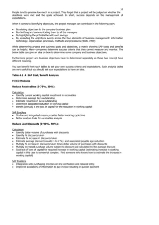 33
People tend to promise too much in a project. They forget that a project will be judged on whether the
deadlines were met and the goals achieved. In short, success depends on the management of
expectations.
When it comes to identifying objectives, the project manager can contribute in the following ways:
• By relating objectives to the company business plan
• By clarifying and communicating them to all the managers
• By highlighting the potential benefits and savings
• By spreading the objectives evenly across the four elements of business management: information
technology, organization, processes, methods and procedures (Welti, 1999)
While determining project and business goals and objectives, a matrix showing SAP costs and benefits
can be helpful. Many companies determine success criteria that they cannot measure and monitor. The
below table can give an idea on how to determine some company and business objectives.
Furthermore project and business objectives have to determined separately as these two concept have
different meaning.
You can benefit from such tables to set your own success criteria and expectations. Such analysis tables
are very useful but you should set your expectations to have an idea.
Table 4.1 A SAP Cost/Benefit Analysis
FI/CO Modules
Reduce Receivables (0-75%, 20%):
Calculation
• Identify current working capital investment in receivables
• Determine average days outstanding
• Estimate reduction in days outstanding
• Determine associated reduction in working capital
• Benefit (annual) is the cost of capital for the reduction in working capital
SAP Enablers
• On-line and integrated system provides faster invoicing cycle time
• Better analysis tools for receivables analysis
Reduce Lost Discounts (0-90%, 40%):
Calculation
• Identify dollar volume of purchases with discounts
• Identify % discounts taken
• Estimate % increase in discounts taken
• Estimate average discount (usually 1 to 2 %) and associated payable age reduction
• Multiply % increase in discounts taken times dollar volume of purchases with discounts
• Multiply increased purchase volume subject to discount just calculated by the average discount
• Subtract off cost of capital for required increase in working capital (estimating increase in working
capital in this case is somewhat complex. Find someone who knows how to estimate the increase in
working capital)
SAP Enablers
• Integration with purchasing provides on-line verification and reduced entry
• Improved availability of information to pay invoice resulting in quicker payment
 