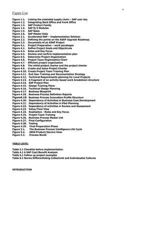 6
Figure List
Figure 1.1. Linking the extended supply chain – SAP user day
Figure 1.2. Integrating Back Office and Front Office
Figure 1.3. SAP Product Family
Figure 1.4. SAP R/3 Modules
Figure 1.5. SAP Basis
Figure 1.6. SAP Master Data
Figure 2.1. Accelerated SAP – Implementation Solution
Figure 2.2. Defining the points on the ASAP Upgrade Roadmap.
Figure 2.3. Documents of an ASAP Project
Figure 4.1. Project Preparation – work pacakages
Figure 4.2. Define Project Goals and Objecticves
Figure 4.3. Roles and Key Focus
Figure 4.4. Review and confirm implementation plan
Figure 4.5. Determine Project Organization
Figure 4.6. Project Team Organization Chart
Figure 4.7. Efficient project organization
Figure 4.8. The initial project charter and the project charter
Figure 4.9. Create and Issue Project Charter
Figure 4.10. Create Project Team Training Plan
Figure 4.11. End User Training and Documentation Strategy
Figure 4.12. Technical Requirements planning for Local Projects
Figure 4.13. A fragment of an activity-based work breakdown structure
Figure 4.14. SAP Project Plan
Figure 4.15. Design Training Plans
Figure 4.16. Technical Design Planning
Figure 4.17. Business Blueprint
Figure 4.18. Business Process Definition Reports
Figure4.19. Business Process Innovation Profile Structure
Figure 4.20. Dependency of Activities in Business Case Development
Figure 4.21. Dependency of Activities in Pilot Planning
Figure 4.22. Dependency of activities in Review and Assessment
Figure 4.23. Value/Time View
Figure 4.24. Realization - Roles and Key Focus
Figure 4.25. Project Team Training
Figure 4.26. Business Process Master List
Figure 4.27. Final Configuration
Figure 4.28. Testing
Figure 4.29. Final Preparation Phase
Figure 5.1. The Business Process Intelligence Life Cycle
Figure 5.2. ARIS Product/Service View
Figure 5.3. Process World
TABLE LISTS:
Table 3.1 Checklist before implementation
Table 4.1 A SAP Cost/Benefit Analysis
Table 5.1 Follow up project examples
Table 6.1 Norms Differentiating Collectivist and Individualist Cultures
INTRODUCTION
 