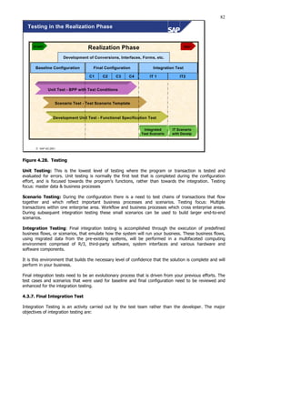 82
 SAP AG 2001
Testing in the Realization Phase
Final Configuration
Baseline Configuration Integration Test
IT 1 IT2
Development of Conversions, Interfaces, Forms, etc.
Scenario Test - Test Scenario Template
Development Unit Test - Functional Specification Test
Unit Test - BPP with Test Conditions
Integrated
Test Scenario
IT Scenario
with Develp
Realization Phase
START END
C1 C2 C3 C4
Figure 4.28. Testing
Unit Testing: This is the lowest level of testing where the program or transaction is tested and
evaluated for errors. Unit testing is normally the first test that is completed during the configuration
effort, and is focused towards the program’s functions, rather than towards the integration. Testing
focus: master data  business processes
Scenario Testing: During the configuration there is a need to test chains of transactions that flow
together and which reflect important business processes and scenarios. Testing focus: Multiple
transactions within one enterprise area. Workflow and business processes which cross enterprise areas.
During subsequent integration testing these small scenarios can be used to build larger end-to-end
scenarios.
Integration Testing: Final integration testing is accomplished through the execution of predefined
business flows, or scenarios, that emulate how the system will run your business. These business flows,
using migrated data from the pre-existing systems, will be performed in a multifaceted computing
environment comprised of R/3, third-party software, system interfaces and various hardware and
software components.
It is this environment that builds the necessary level of confidence that the solution is complete and will
perform in your business.
Final integration tests need to be an evolutionary process that is driven from your previous efforts. The
test cases and scenarios that were used for baseline and final configuration need to be reviewed and
enhanced for the integration testing.
4.3.7. Final Integration Test
Integration Testing is an activity carried out by the test team rather than the developer. The major
objectives of integration testing are:
 