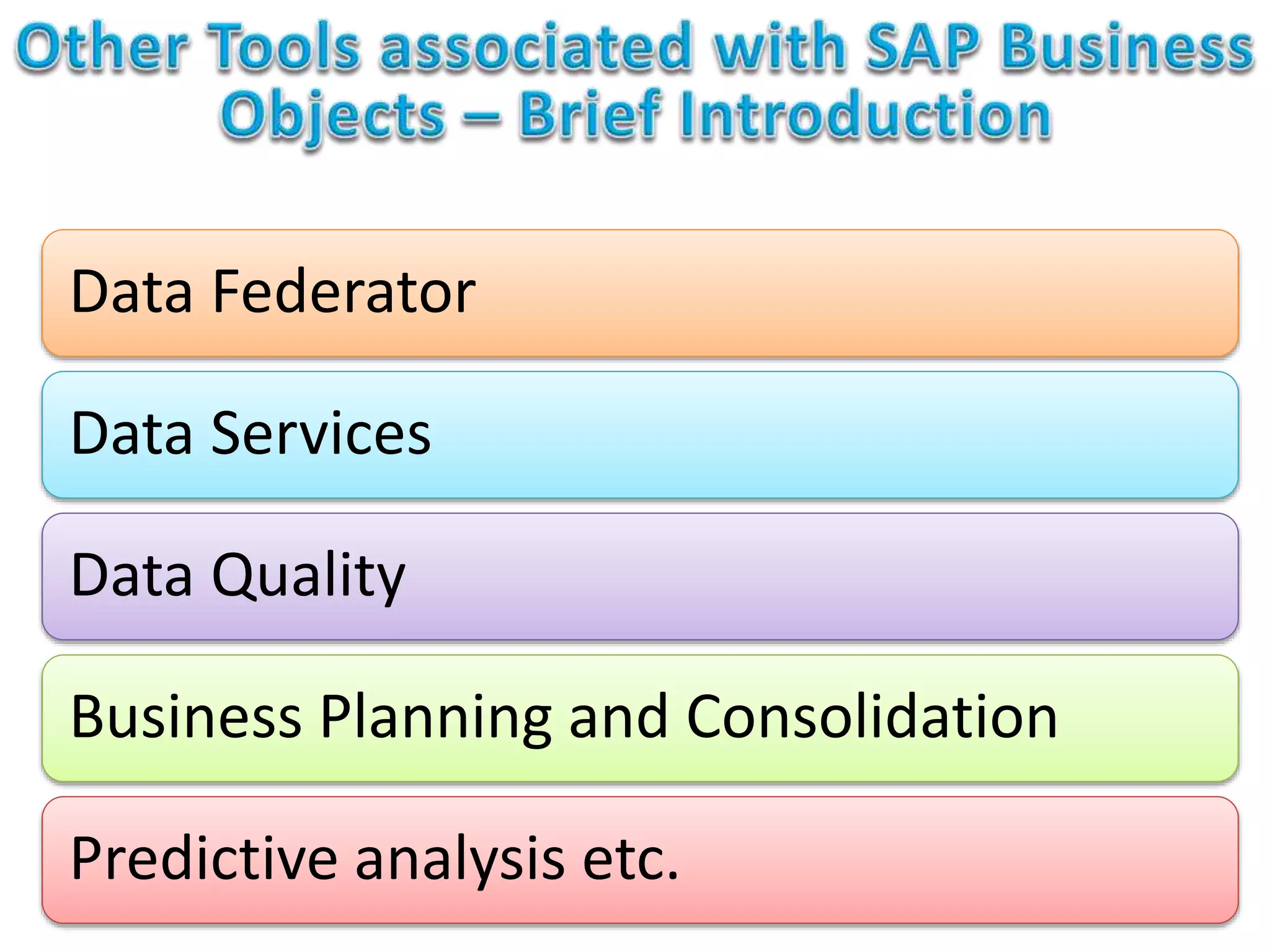 Data Federator
Data Services
Data Quality
Business Planning and Consolidation
Predictive analysis etc.
 