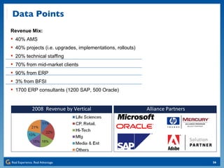 Alliance Partners 2008  Revenue by Vertical Revenue Mix: 40% AMS 40% projects (i.e. upgrades, implementations, rollouts)  20% technical staffing 70% from mid-market clients 90% from ERP 3% from BFSI 1700 ERP consultants (1200 SAP, 500 Oracle)  Data Points 