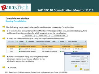 SAP BPC 10 Consolidation Monitor 11/19
Consolidation Monitor

Running Consolidation

The following steps need to be performed in order to execute Consolidation
1. In Consolidation Central Consolidation Monitor, in the scope context area, select the Category, Time
and Group dimension members for which you want to run the consolidation
2. Select the row for the Group or Entity you require and click Consolidate.

3.In the Consolidation dialog box, verify the selected
dimension members and choose whether to run
a full or incremental consolidation
4. Click OK.
2013 ZaranTech LLC. All rights reserved. Contact: Email- info@zarantech.com, Phone: 515-309-7846

 