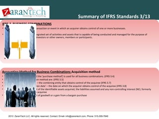 Summary of IFRS Standards 3/13
IFRS 3 BUSINESS COMBINATIONS
• A business combination is a transaction or event in which an acquirer obtains control of one or more businesses.
• A business is defined as an integrated set of activities and assets that is capable of being conducted and managed for the purpose of
providing a return directly to investors or other owners, members or participants.

Accounting Method for Business Combinations Acquisition method
The acquisition method (called the 'purchase method') is used for all business combinations. (IFRS 3.4)
Steps in applying the acquisition method are: (IFRS 3.5)
Identification of the 'acquirer' – the combining entity that obtains control of the acquiree (IFRS 3.7)
Determination of the 'acquisition date' – the date on which the acquirer obtains control of the acquiree (IFRS 3.8)
Recognition and measurement of the identifiable assets acquired, the liabilities assumed and any non-controlling interest (NCI, formerly
called minority interest) in the acquiree
• Recognition and measurement of goodwill or a gain from a bargain purchase
•
•
•
•
•

2013 ZaranTech LLC. All rights reserved. Contact: Email- info@zarantech.com, Phone: 515-309-7846

 