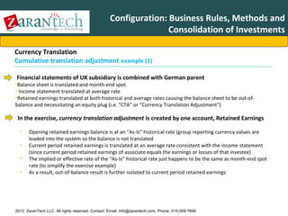 Configuration: Business Rules, Methods and
Consolidation of Investments
Currency Translation
Cumulative translation adjustment example (1)
Financial statements of UK subsidiary is combined with German parent

•Balance sheet is translated and month-end spot
• Income statement translated at average rate
•Retained earnings translated at both historical and average rates causing the balance sheet to be out-ofbalance and necessitating an equity plug (i.e. “CTA” or “Currency Translation Adjustment”)

In the exercise, currency translation adjustment is created by one account, Retained Earnings
•
•
•
•

Opening retained earnings balance is at an “As-Is” historical rate (group reporting currency values are
loaded into the system so the balance is not translated
Current period retained earnings is translated at an average rate consistent with the income statement
(since current period retained earnings of associate equals the earnings or losses of that investee)
The implied or effective rate of the “As-Is” historical rate just happens to be the same as month-end spot
rate (to simplify the exercise example)
As a result, out-of-balance result is further isolated to current period retained earnings

2013 ZaranTech LLC. All rights reserved. Contact: Email- info@zarantech.com, Phone: 515-309-7846

 