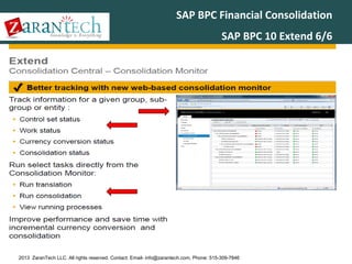 SAP BPC Financial Consolidation
SAP BPC 10 Extend 6/6

2013 ZaranTech LLC. All rights reserved. Contact: Email- info@zarantech.com, Phone: 515-309-7846

 
