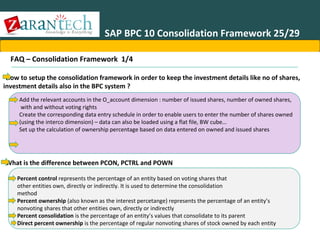 SAP BPC 10 Consolidation Framework 25/29
FAQ – Consolidation Framework 1/4
•How to setup the consolidation framework in order to keep the investment details like no of shares,
investment details also in the BPC system ?
Add the relevant accounts in the O_account dimension : number of issued shares, number of owned shares,
with and without voting rights
Create the corresponding data entry schedule in order to enable users to enter the number of shares owned
(using the interco dimension) – data can also be loaded using a flat file, BW cube…
Set up the calculation of ownership percentage based on data entered on owned and issued shares

•What is the difference between PCON, PCTRL and POWN
Percent control represents the percentage of an entity based on voting shares that
other entities own, directly or indirectly. It is used to determine the consolidation
method
Percent ownership (also known as the interest percetange) represents the percentage of an entity’s
nonvoting shares that other entities own, directly or indirectly
Percent consolidation is the percentage of an entity’s values that consolidate to its parent
Direct percent ownership is the percentage of regular nonvoting shares of stock owned by each entity
2013 ZaranTech LLC. All rights reserved. Contact: Email- info@zarantech.com, Phone: 515-309-7846

 