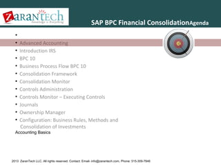 SAP BPC Financial ConsolidationAgenda
•
•
•
•
•
•
•
•
•
•
•
•

Advanced Accounting
Introduction IRS
BPC 10
Business Process Flow BPC 10
Consolidation Framework
Consolidation Monitor
Controls Administration
Controls Monitor – Executing Controls
Journals
Ownership Manager
Configuration: Business Rules, Methods and
Consolidation of Investments

Accounting Basics

2013 ZaranTech LLC. All rights reserved. Contact: Email- info@zarantech.com, Phone: 515-309-7846

 