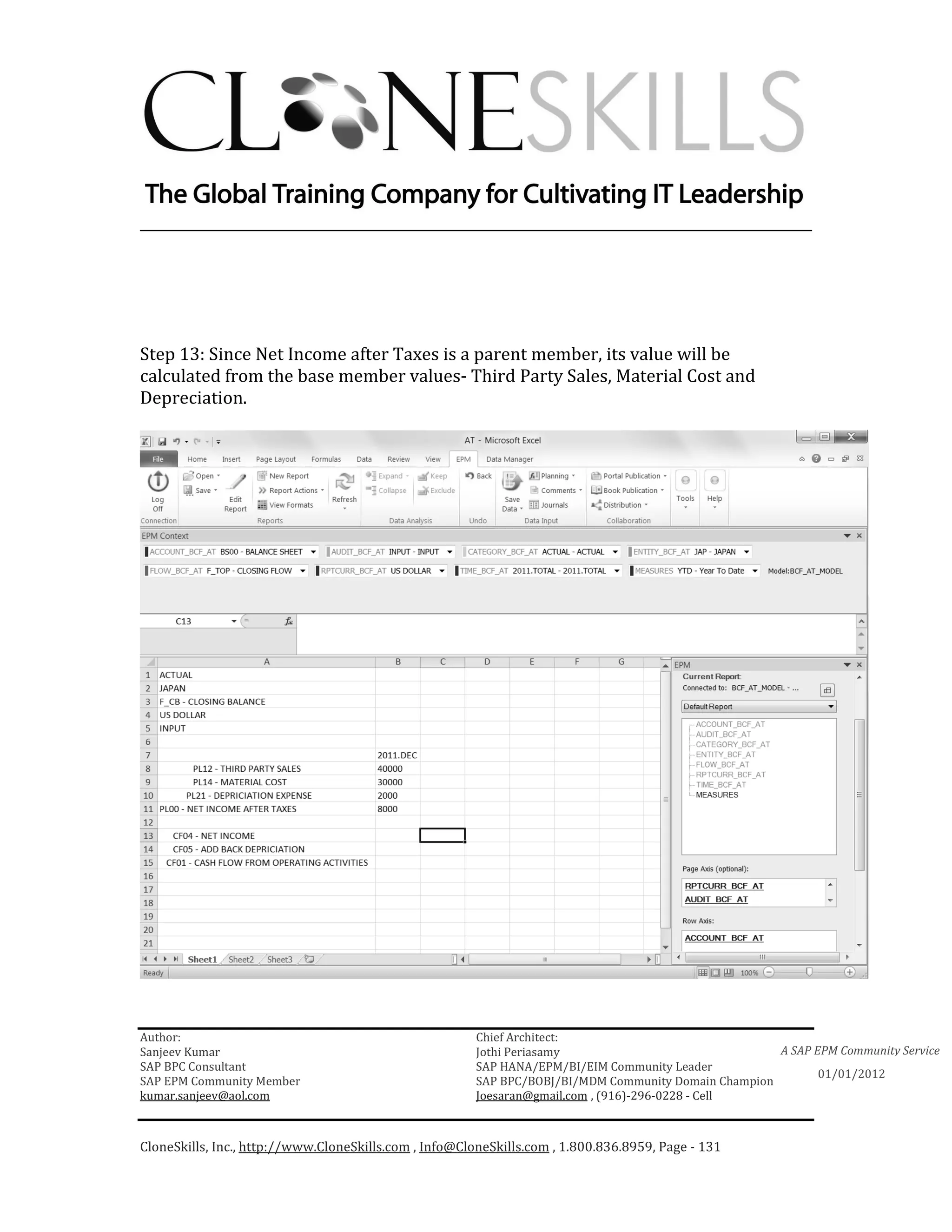 ________________________________________________________________________




Step 13: Since Net Income after Taxes is a parent member, its value will be
calculated from the base member values- Third Party Sales, Material Cost and
Depreciation.




Author:                                                 Chief Architect:
Sanjeev Kumar                                           Jothi Periasamy                               A SAP EPM Community Service
SAP BPC Consultant                                      SAP HANA/EPM/BI/EIM Community Leader
                                                                                                             01/01/2012
SAP EPM Community Member                                SAP BPC/BOBJ/BI/MDM Community Domain Champion
kumar.sanjeev@aol.com                                   Joesaran@gmail.com , (916)-296-0228 - Cell



CloneSkills, Inc., http://www.CloneSkills.com , Info@CloneSkills.com , 1.800.836.8959, Page - 131
 