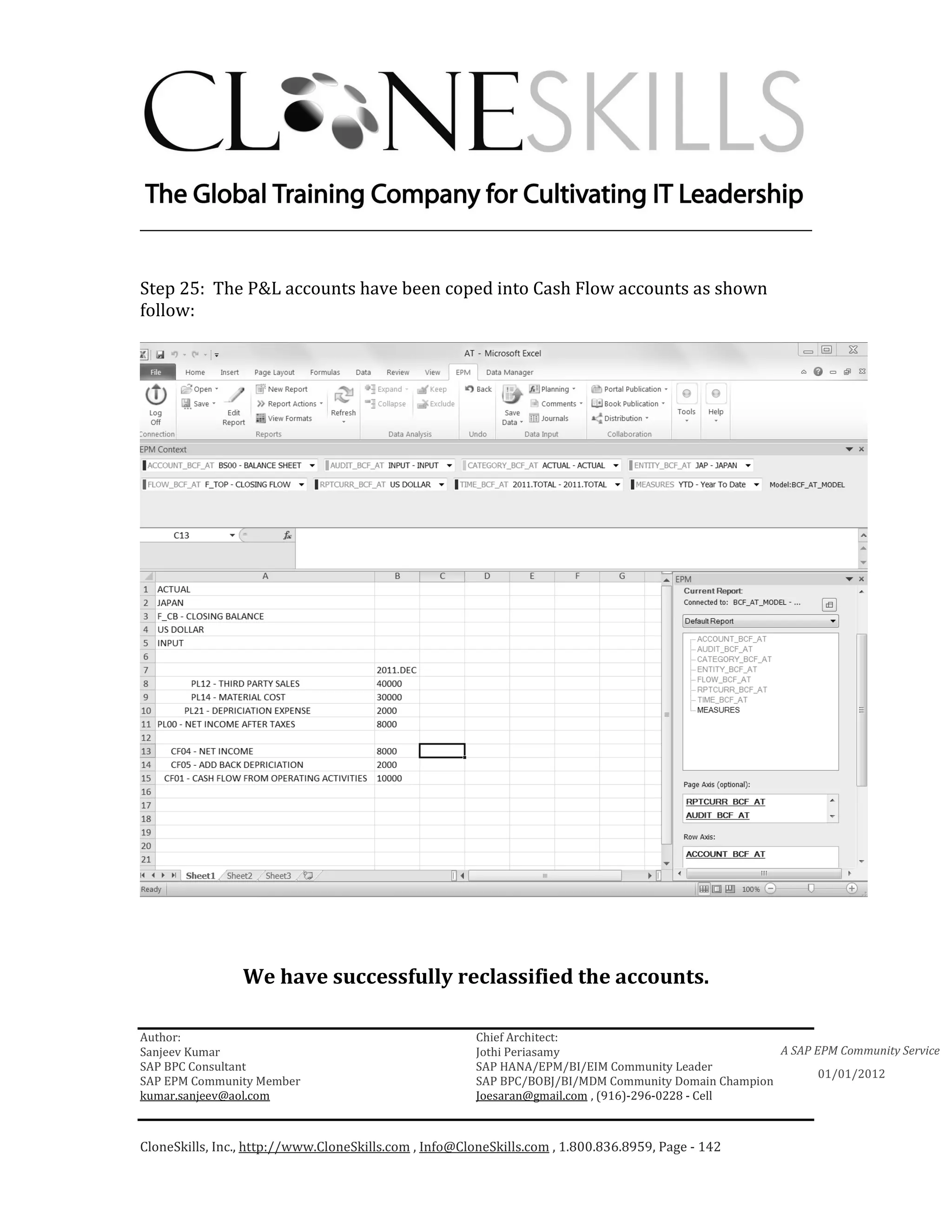 ________________________________________________________________________


Step 25: The P&L accounts have been coped into Cash Flow accounts as shown
follow:




                 We have successfully reclassified the accounts.

Author:                                                 Chief Architect:
Sanjeev Kumar                                           Jothi Periasamy                               A SAP EPM Community Service
SAP BPC Consultant                                      SAP HANA/EPM/BI/EIM Community Leader
                                                                                                             01/01/2012
SAP EPM Community Member                                SAP BPC/BOBJ/BI/MDM Community Domain Champion
kumar.sanjeev@aol.com                                   Joesaran@gmail.com , (916)-296-0228 - Cell



CloneSkills, Inc., http://www.CloneSkills.com , Info@CloneSkills.com , 1.800.836.8959, Page - 142
 