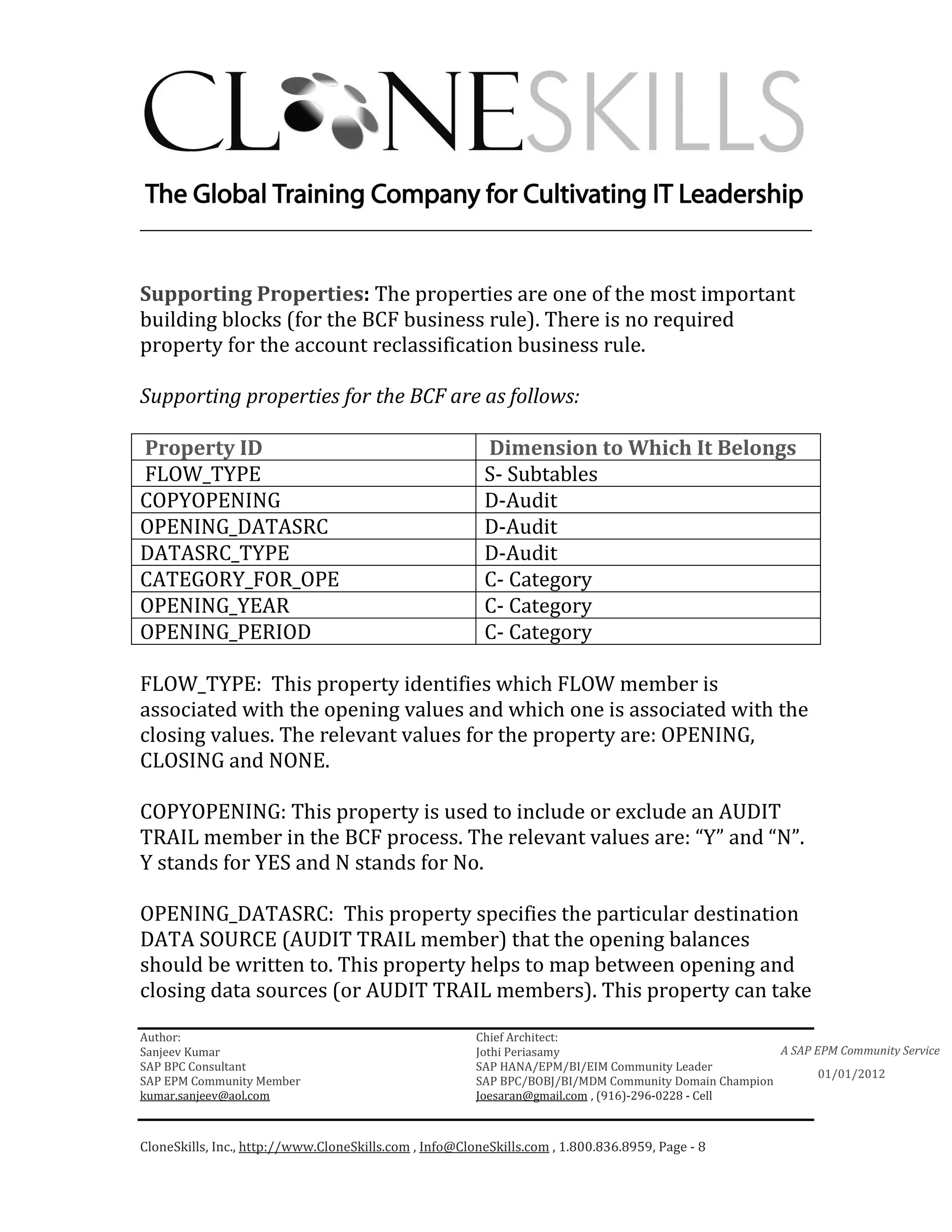 ________________________________________________________________________


Supporting Properties: The properties are one of the most important
building blocks (for the BCF business rule). There is no required
property for the account reclassification business rule.

Supporting properties for the BCF are as follows:

Property ID                                              Dimension to Which It Belongs
FLOW_TYPE                                                S- Subtables
COPYOPENING                                              D-Audit
OPENING_DATASRC                                          D-Audit
DATASRC_TYPE                                             D-Audit
CATEGORY_FOR_OPE                                         C- Category
OPENING_YEAR                                             C- Category
OPENING_PERIOD                                           C- Category

FLOW_TYPE: This property identifies which FLOW member is
associated with the opening values and which one is associated with the
closing values. The relevant values for the property are: OPENING,
CLOSING and NONE.

COPYOPENING: This property is used to include or exclude an AUDIT
TRAIL member in the BCF process. The relevant values are: “Y” and “N”.
Y stands for YES and N stands for No.

OPENING_DATASRC: This property specifies the particular destination
DATA SOURCE (AUDIT TRAIL member) that the opening balances
should be written to. This property helps to map between opening and
closing data sources (or AUDIT TRAIL members). This property can take

Author:                                                 Chief Architect:
Sanjeev Kumar                                           Jothi Periasamy                               A SAP EPM Community Service
SAP BPC Consultant                                      SAP HANA/EPM/BI/EIM Community Leader
                                                                                                             01/01/2012
SAP EPM Community Member                                SAP BPC/BOBJ/BI/MDM Community Domain Champion
kumar.sanjeev@aol.com                                   Joesaran@gmail.com , (916)-296-0228 - Cell



CloneSkills, Inc., http://www.CloneSkills.com , Info@CloneSkills.com , 1.800.836.8959, Page - 8
 