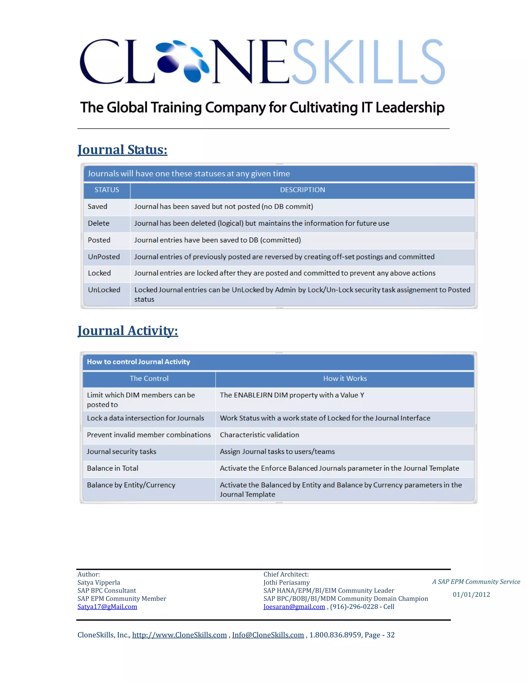 ________________________________________________________________________

Journal Status:




Journal Activity:




Author:                                                 Chief Architect:
Satya Vipperla                                          Jothi Periasamy                               A SAP EPM Community Service
SAP BPC Consultant                                      SAP HANA/EPM/BI/EIM Community Leader
                                                                                                             01/01/2012
SAP EPM Community Member                                SAP BPC/BOBJ/BI/MDM Community Domain Champion
Satya17@gMail.com                                       Joesaran@gmail.com , (916)-296-0228 - Cell



CloneSkills, Inc., http://www.CloneSkills.com , Info@CloneSkills.com , 1.800.836.8959, Page - 32
 