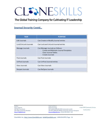 ________________________________________________________________________

Journal Security Contd…




Author:                                                 Chief Architect:
Satya Vipperla                                          Jothi Periasamy                               A SAP EPM Community Service
SAP BPC Consultant                                      SAP HANA/EPM/BI/EIM Community Leader
                                                                                                             01/01/2012
SAP EPM Community Member                                SAP BPC/BOBJ/BI/MDM Community Domain Champion
Satya17@gMail.com                                       Joesaran@gmail.com , (916)-296-0228 - Cell



CloneSkills, Inc., http://www.CloneSkills.com , Info@CloneSkills.com , 1.800.836.8959, Page - 34
 