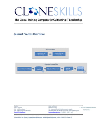 ________________________________________________________________________




Journal Process Overview:




Author:                                                 Chief Architect:
Satya Vipperla                                          Jothi Periasamy                               A SAP EPM Community Service
SAP BPC Consultant                                      SAP HANA/EPM/BI/EIM Community Leader
                                                                                                             01/01/2012
SAP EPM Community Member                                SAP BPC/BOBJ/BI/MDM Community Domain Champion
Satya17@gMail.com                                       Joesaran@gmail.com , (916)-296-0228 - Cell



CloneSkills, Inc., http://www.CloneSkills.com , Info@CloneSkills.com , 1.800.836.8959, Page - 5
 