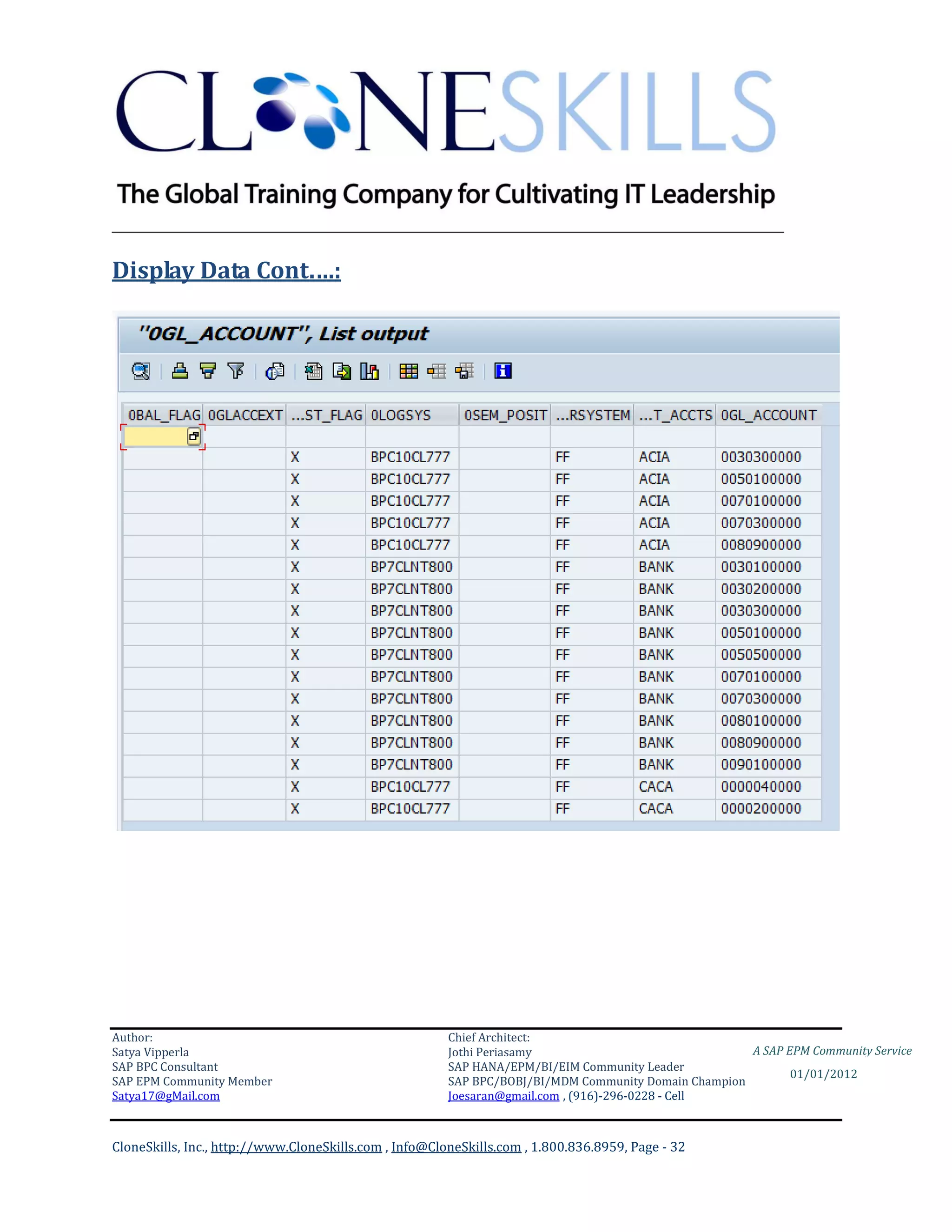 ________________________________________________________________________

Display Data Cont.…:




Author:                                                 Chief Architect:
Satya Vipperla                                          Jothi Periasamy                               A SAP EPM Community Service
SAP BPC Consultant                                      SAP HANA/EPM/BI/EIM Community Leader
                                                                                                             01/01/2012
SAP EPM Community Member                                SAP BPC/BOBJ/BI/MDM Community Domain Champion
Satya17@gMail.com                                       Joesaran@gmail.com , (916)-296-0228 - Cell



CloneSkills, Inc., http://www.CloneSkills.com , Info@CloneSkills.com , 1.800.836.8959, Page - 32
 