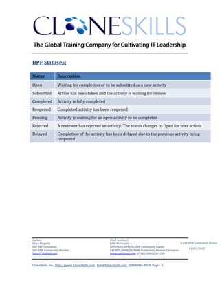 CUBE INFORMATICS
________________________________________________________________________

BPF Statuses:
Status

Description

Open

Waiting for completion or to be submitted as a new activity

Submitted

Action has been taken and the activity is waiting for review

Completed

Activity is fully completed

Reopened

Completed activity has been reopened

Pending

Activity is waiting for an open activity to be completed

Rejected

A reviewer has rejected an activity. The status changes to Open for user action

Delayed

Completion of the activity has been delayed due to the previous activity being
reopened

Author & Architect:
Satya Vipperla
SAP BPC & BOBJ Consultant
SAP EPM Community Member
Satya17@gMail.com

A SAP EPM Community Service
01/01/2012

5|Page

 