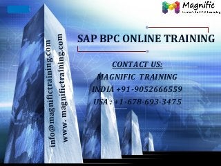 LOGO
CONTACT US:
MAGNIFIC TRAINING
INDIA +91-9052666559
USA : +1-678-693-3475
SAP BPC ONLINE TRAINING
info@magnifictraining.com
www.magnifictraining.com
 