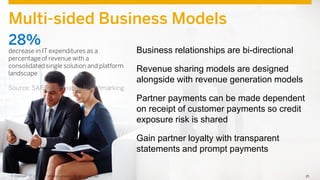 21Confidential 21© 2014 SAP SE or an SAP affiliate company. All rights reserved. 21© 2014 SAP SE or an SAP affiliate company. All rights reserved.
Multi-sided Business Models
Business relationships are bi-directional
Revenue sharing models are designed
alongside with revenue generation models
Partner payments can be made dependent
on receipt of customer payments so credit
exposure risk is shared
Gain partner loyalty with transparent
statements and prompt payments
28%
decrease in IT expenditures as a
percentage of revenue with a
consolidated single solution and platform
landscape
Source: SAP Performance Benchmarking
 