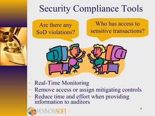 6
Security Compliance Tools
Who has access to
sensitive transactions?
Are there any
SoD violations?
• Real-Time Monitoring
• Remove access or assign mitigating controls
• Reduce time and effort when providing
information to auditors
 
