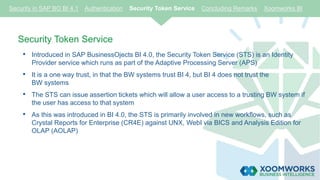 Security Token Service
• Introduced in SAP BusinessOjects BI 4.0, the Security Token Service (STS) is an Identity
Provider service which runs as part of the Adaptive Processing Server (APS)
• It is a one way trust, in that the BW systems trust BI 4, but BI 4 does not trust the
BW systems
• The STS can issue assertion tickets which will allow a user access to a trusting BW system if
the user has access to that system
• As this was introduced in BI 4.0, the STS is primarily involved in new workflows, such as
Crystal Reports for Enterprise (CR4E) against UNX, WebI via BICS and Analysis Edition for
OLAP (AOLAP)
Security in SAP BO BI 4.1 Authentication Security Token Service Concluding Remarks Xoomworks BI
 