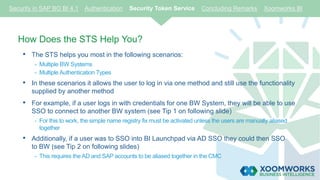 How Does the STS Help You?
• The STS helps you most in the following scenarios:
- Multiple BW Systems
- Multiple Authentication Types
• In these scenarios it allows the user to log in via one method and still use the functionality
supplied by another method
• For example, if a user logs in with credentials for one BW System, they will be able to use
SSO to connect to another BW system (see Tip 1 on following slide)
- For this to work, the simple name registry fix must be activated unless the users are manually aliased
together
• Additionally, if a user was to SSO into BI Launchpad via AD SSO they could then SSO
to BW (see Tip 2 on following slides)
- This requires the AD and SAP accounts to be aliased together in the CMC
Security in SAP BO BI 4.1 Authentication Security Token Service Concluding Remarks Xoomworks BI
 