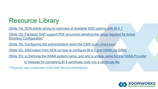 Resource Library
(Slide 14): SCN article giving an overview of available SSO options with BI 4.1
(Slide 15): Fantastic SAP support PDF document detailing the setup required for Active
Directory Configuration*
(Slide 19): Configuring AD authentication when the CMS is on Unix/Linux*
(Slide 32): Information from SCN on how to configure BI 4.1 and HANA via SAML
(Slide 33): a) Defining the HANA system name, port and a unique name for the HANA Provider
b) Website for converting BI 4 certificate code into a certificate file
* Requires login credentials to the SAP Service Marketplace
 