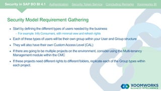 Security Model Requirement Gathering
 Start by defining the different types of users needed by the business
- For example: Info Consumers, with minimal view and refresh rights
 Each of these types of users will be their own group within your User and Group structure
 They will also have their own Custom Access Level (CAL)
 If there are going to be multiple projects on the environment, considerusing the Multi-tenancy
Management module within the CMC
 If these projects need different rights to different folders, replicate each of the Group types within
each project.
Security in SAP BO BI 4.1 Authentication Security Token Service Concluding Remarks Xoomworks BI
 