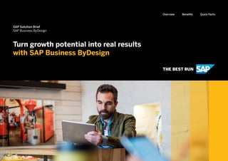 Turn growth potential into real results
with SAP Business ByDesign
BenefitsOverview Quick Facts
SAP Solution Brief
SAP Business ByDesign
©20xxSAPSEoranSAPaffiliatecompany.Allrightsreserved.
 