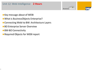 Unit 7: Administration of Data Targets2 HoursSystem Administration Tasks in BI: OverviewAdministration of InfoCubesRoll Up, Compression, Chang RunAdministration of DataStore Objects 11
