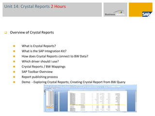New Names with Product DescriptionsSAP BusinessObjects Business Intelligence platform provides flexible systems management for an enterprise BI standard that allows administrators to confidently deploy and standardize their BI implementations on a proven, scalable, and adaptive service-oriented architecture.SAP Crystal Reports software is a powerful reporting tool that helps developers and IT professionals rapidly create flexible, feature-rich reports and tightly integrate them into Web and Windows applications.SAP BusinessObjects Dashboards software provides secure, interactive visualizations with live, refreshable data from SAP BusinessObjects sources, Excel spreadsheets, or corporate databases. These dashboards and visual models enable effective decision making while providing a live view into your business.SAP BusinessObjects Web Intelligence software allows users self-service access to data, reporting and analysis. Web Intelligence is an ad hoc query, reporting, and analysis tool designed to empower users with its intuitive interface allowing users to turn information into actionable insight and make better decisions in less time.SAP BusinessObjects Explorer software offers users an intuitive path to quickly search and explore data for instant insight into your business. They can get quick, easy answers to on-the-fly questions without training or IT involvement by simply entering a few keywords to search for relevant information and then intuitively exploring large volumes of data