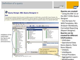 Definition of a query Queries are created: Using the BW 3.5 or the BW 7.0 BEx Query Designer Are the basis for WEB Templates, BEx Analyzer Workbooks, Formatted Reporting (Report Designer)  InfoObjects of the InfoProvider: Key Figures and  Dimensions (Characteristics) Queries can be created for different InfoProviders: InfoCubes Operational Data Store objects / Data Store Objects InfoSets InfoObjects Virtual Providers Aggregation Layers MultiProviders The concept of a MultiProvider is explained on the next slide 