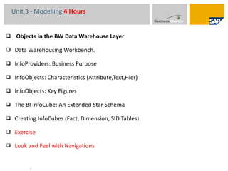Unit 3 - Modelling  4 Hours Objects in the BW Data Warehouse Layer Data Warehousing Workbench.  InfoProviders: Business Purpose InfoObjects: Characteristics (Attribute,Text,Hier) InfoObjects: Key Figures  The BI InfoCube: An Extended Star Schema Creating InfoCubes (Fact, Dimension, SID Tables) Exercise Look and Feel with Navigations 