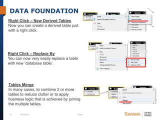 DATA FOUNDATION
Right Click – New Derived Tables
Now you can create a derived table just
with a right click.

Right Click – Replace By
You can now very easily replace a table
with new ‘database table’.

Tables Merge
In many cases, to combine 2 or more
tables to reduce clutter or to apply
business logic that is achieved by joining
the multiple tables.
18

10/23/2013

Footer

 