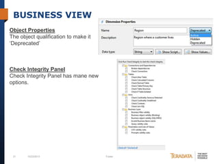 BUSINESS VIEW
Object Properties
The object qualification to make it
‘Deprecated’

Check Integrity Panel
Check Integrity Panel has mane new
options.

21

10/23/2013

Footer

 
