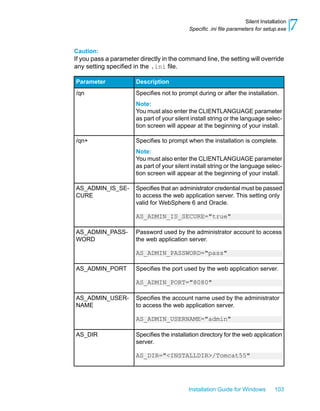 Caution:
If you pass a parameter directly in the command line, the setting will override
any setting specified in the .ini file.
DescriptionParameter
Specifies not to prompt during or after the installation.
Note:
You must also enter the CLIENTLANGUAGE parameter
as part of your silent install string or the language selec-
tion screen will appear at the beginning of your install.
/qn
Specifies to prompt when the installation is complete.
Note:
You must also enter the CLIENTLANGUAGE parameter
as part of your silent install string or the language selec-
tion screen will appear at the beginning of your install.
/qn+
Specifies that an administrator credential must be passed
to access the web application server. This setting only
valid for WebSphere 6 and Oracle.
AS_ADMIN_IS_SECURE="true"
AS_ADMIN_IS_SE-
CURE
Password used by the administrator account to access
the web application server.
AS_ADMIN_PASSWORD="pass"
AS_ADMIN_PASS-
WORD
Specifies the port used by the web application server.
AS_ADMIN_PORT="8080"
AS_ADMIN_PORT
Specifies the account name used by the administrator
to access the web application server.
AS_ADMIN_USERNAME="admin"
AS_ADMIN_USER-
NAME
Specifies the installation directory for the web application
server.
AS_DIR="<INSTALLDIR>/Tomcat55"
AS_DIR
Installation Guide for Windows 103
7Silent Installation
Specific .ini file parameters for setup.exe
 