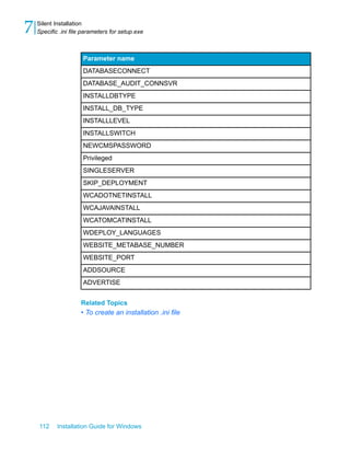 Parameter name
DATABASECONNECT
DATABASE_AUDIT_CONNSVR
INSTALLDBTYPE
INSTALL_DB_TYPE
INSTALLLEVEL
INSTALLSWITCH
NEWCMSPASSWORD
Privileged
SINGLESERVER
SKIP_DEPLOYMENT
WCADOTNETINSTALL
WCAJAVAINSTALL
WCATOMCATINSTALL
WDEPLOY_LANGUAGES
WEBSITE_METABASE_NUMBER
WEBSITE_PORT
ADDSOURCE
ADVERTISE
Related Topics
• To create an installation .ini file
112 Installation Guide for Windows
Silent Installation
7 Specific .ini file parameters for setup.exe
 